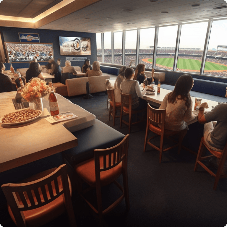 People eating at a VIP club while watching a baseball game.